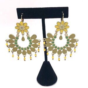 Boho Yellow & Green Floral Chandelier Pierced Earrings with Bead Dangles
